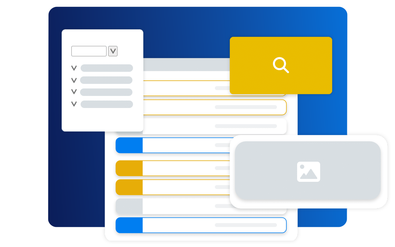 Vector graphic with four panels: a list, a dropdown menu, a search box, and an image ad space