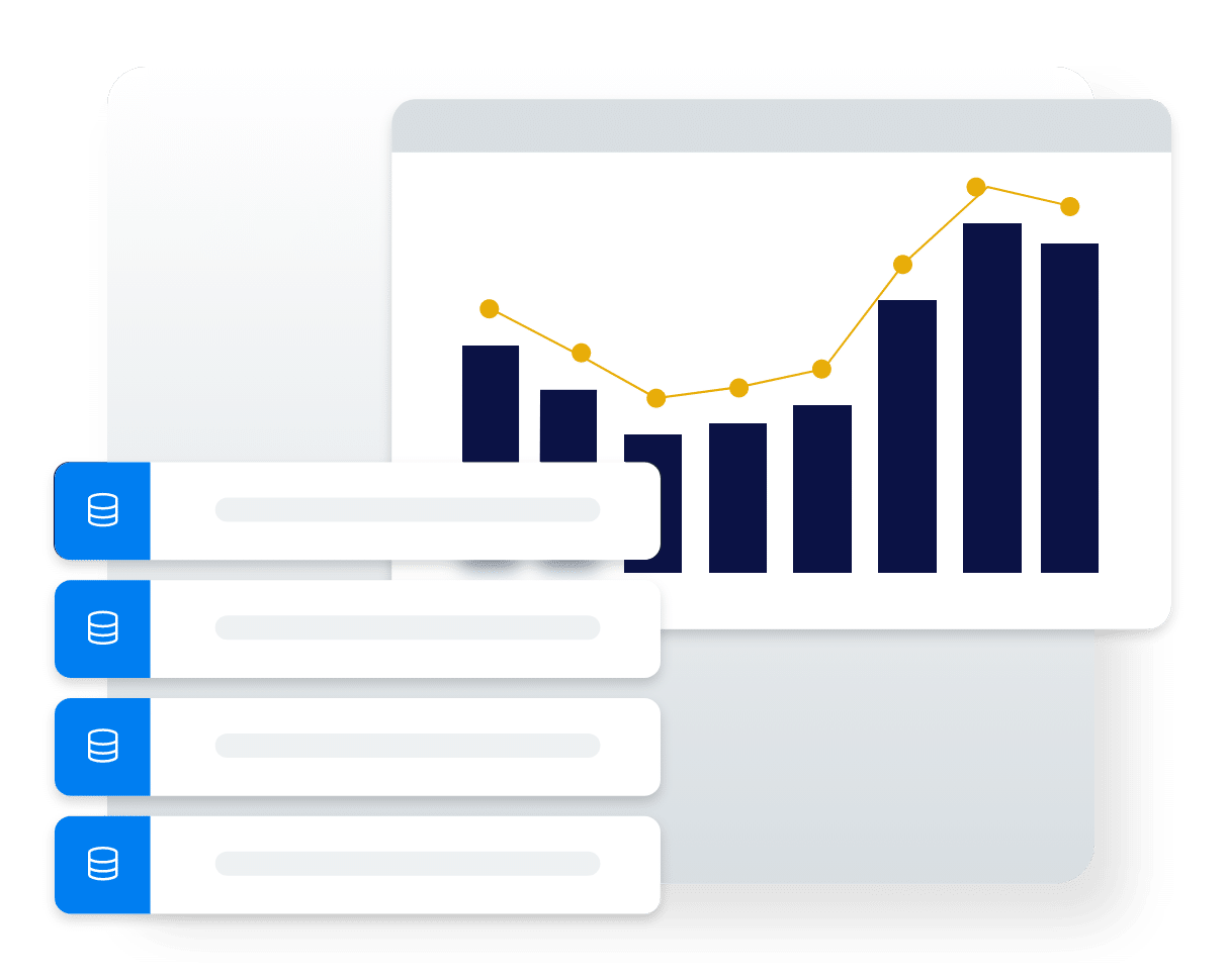 LeapPoint-Product-DataBridge@2x_V2 Bar and line graph displayed alongside a checklist, illustrating data comparison and task tracking